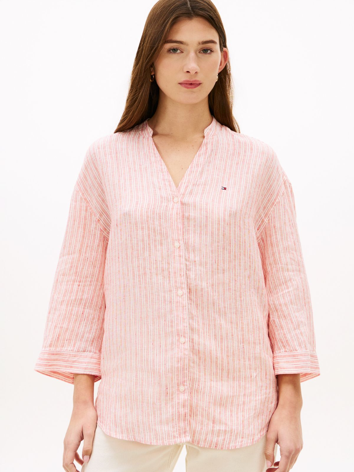 Collarless Linen Shirt — Fireworks