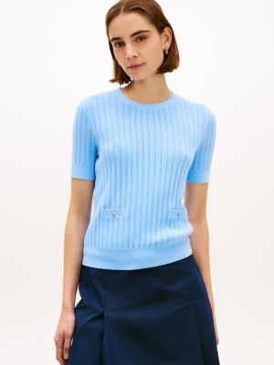 Short-Sleeve Pointelle Pocket Sweater, Vessel Blue
