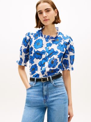 Ruffle Trim Cotton Voile Shirt, Pop Art Floral