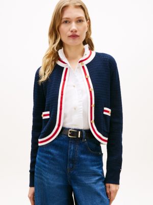 Gold-Button Textured Knit Cardigan, Dark Night Navy