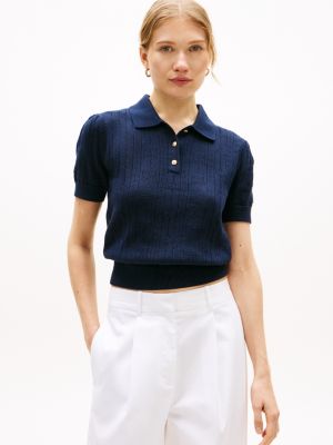 Allover Flag Logo Pointelle Sweater Polo, Dark Night Navy