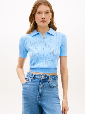 Allover Flag Logo Pointelle Sweater Polo, Vessel Blue