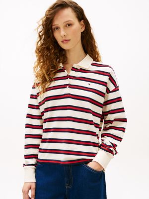 Long-Sleeve Stripe Stretch Pique Polo, Preppy Stripe Calico / Fireworks