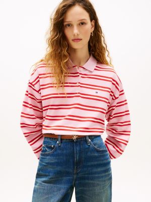 Long-Sleeve Stripe Stretch Pique Polo, Preppy Stripe Bonita Pink Fireworks