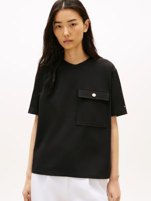 Relaxed Fit Gold-Button Pocket T-Shirt, Black