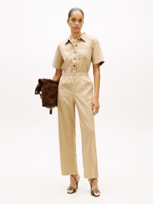 Lightweight Twill Utility Jumpsuit, Beige