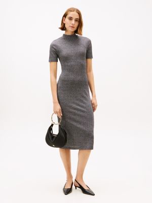 Shimmer Rib-Knit Midi Dress, Black / Black Lurex