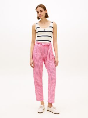 Tommy Hilfiger Women's Belted Gingham Seersucker Tapered Pant - Pink Perfection / Ecru Gingham - L