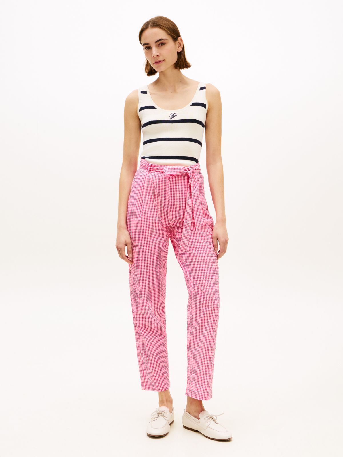 Belted Gingham Seersucker Tapered Pant — Pink Perfection / Ecru Gingham