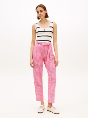 Belted Gingham Seersucker Tapered Pant, Pink Perfection / Ecru Gingham