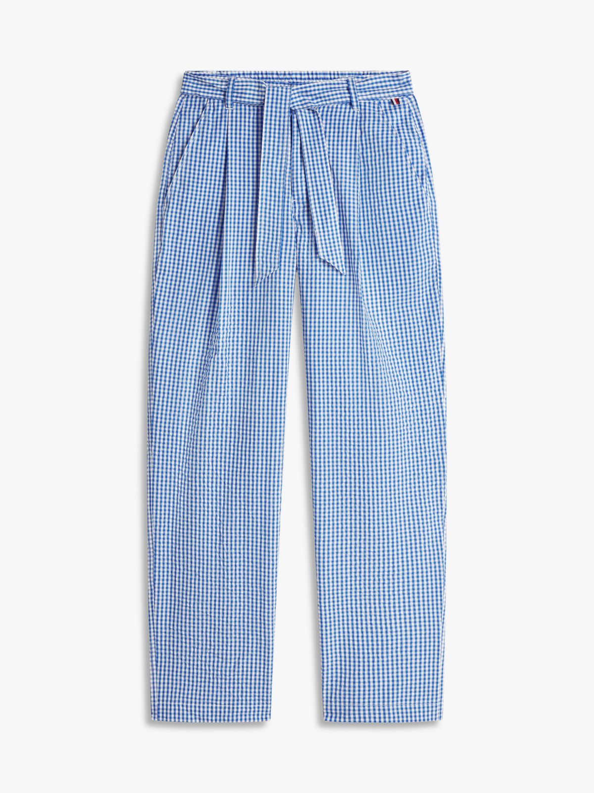 Belted Gingham Seersucker Tapered Pant — Blue Orbit / Ecru Gingham