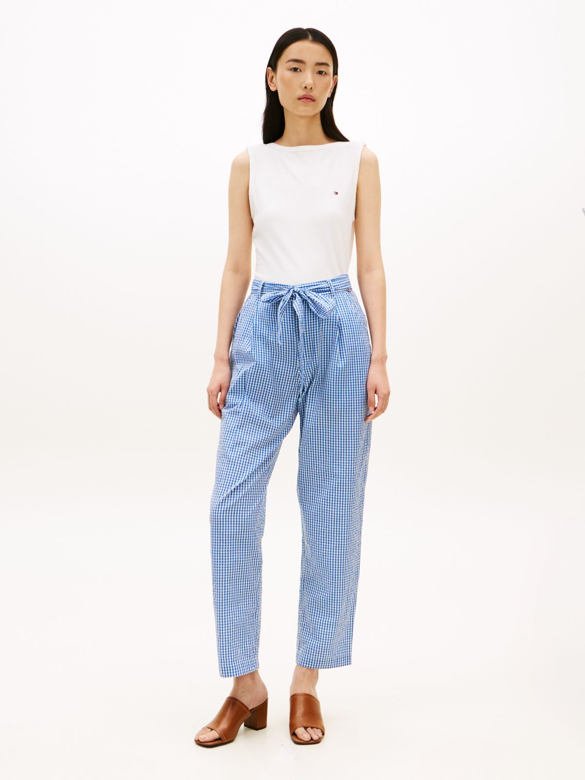 Belted Gingham Seersucker Tapered Pant — Blue Orbit / Ecru Gingham