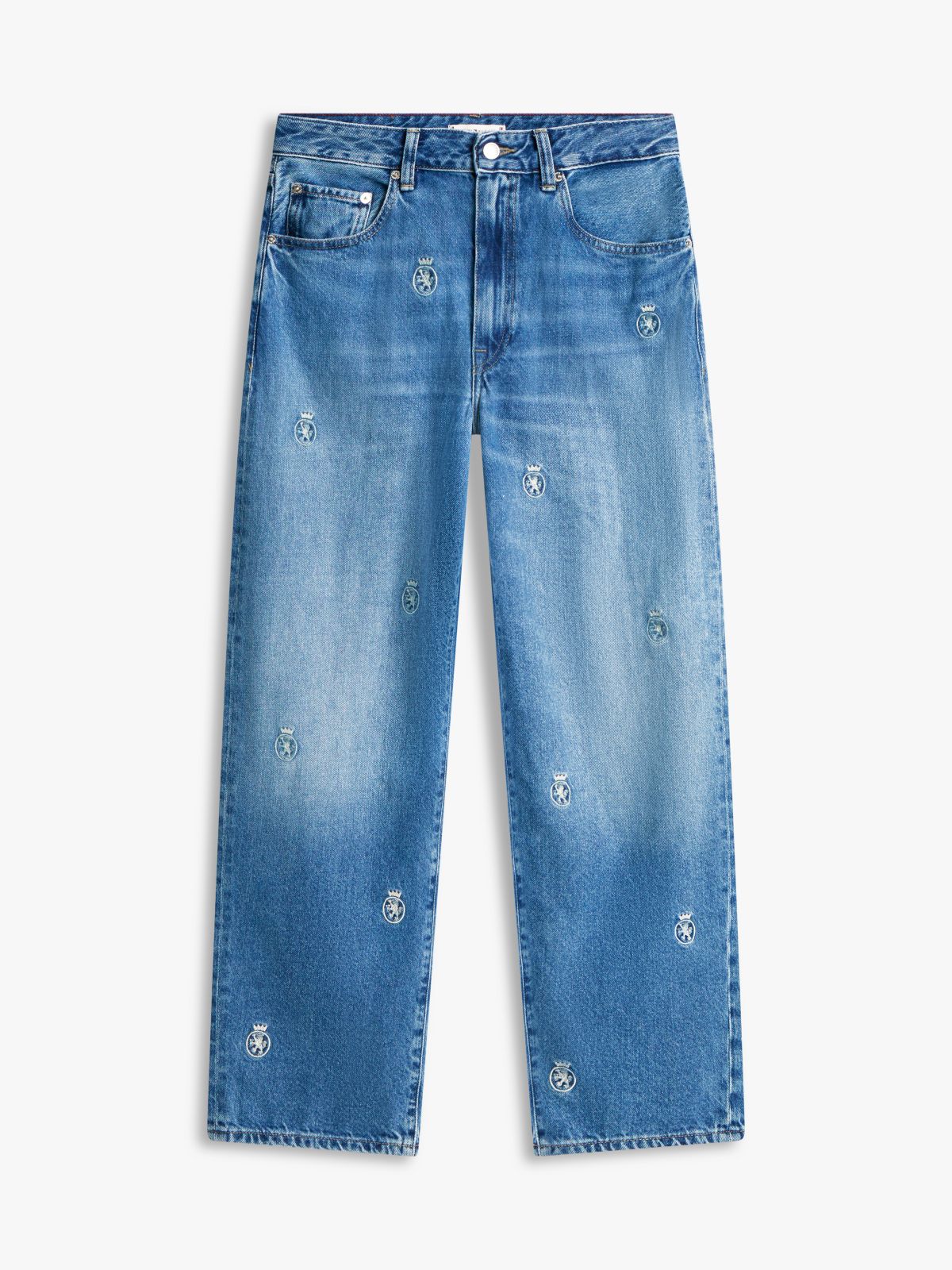 Allover Crest Mid-Rise Barrel Jean — Washed Denim