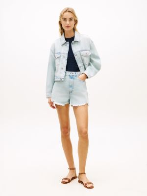 Distressed High-Rise Wide Denim Short, Washed Denim