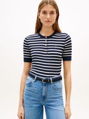 Short-Sleeve Stripe Cable Knit Henley, Dark Night Navy / Ivory Petal Stripe