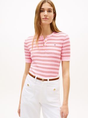 Short-Sleeve Stripe Cable Knit Henley, Preppy Stripe / Pink Fireworks