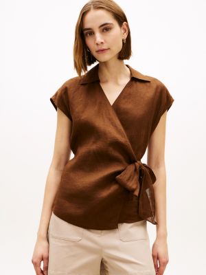 Sleeveless Linen Wrap Top, Legacy Brown