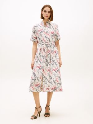 Animal Print Linen Midi Shirtdress, Red / Grey Leopard