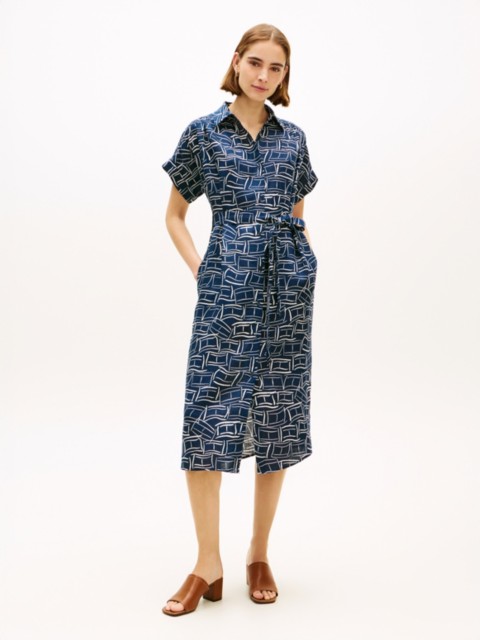 Tommy Hilfiger Flag Print Belted Linen Midi Shirtdress