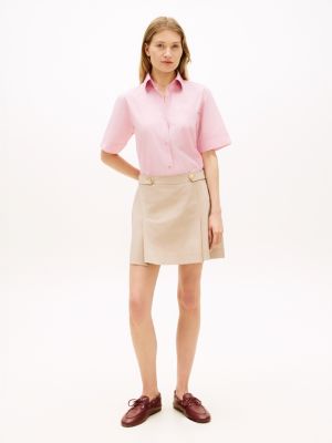 Pleated Twill Mini Skirt, Beige