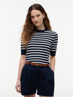 Short-Sleeve Crewneck Sweater, Dark Night Navy / Ivory Petal Stripe