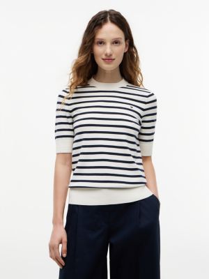 Short-Sleeve Crewneck Sweater, Ivory / Navy Stripe
