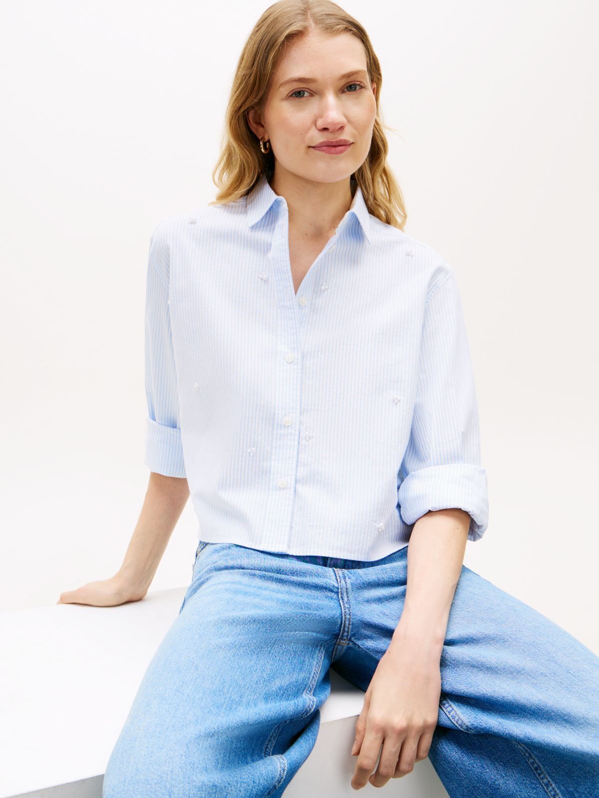 Embellished Cropped Poplin Shirt — Vessel Blue