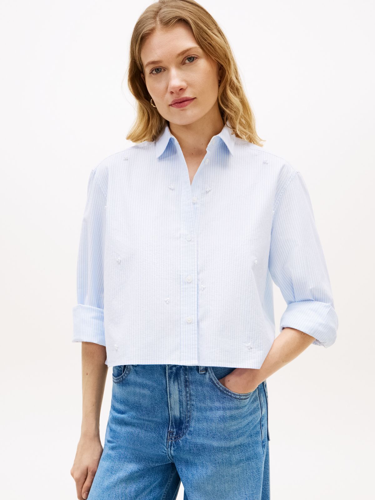 Embellished Cropped Poplin Shirt — Vessel Blue