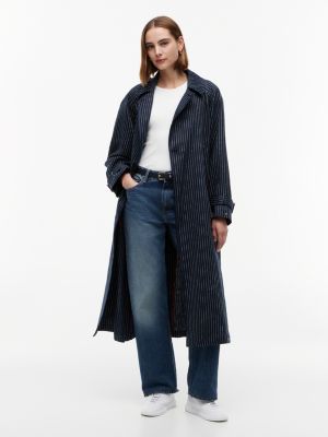 Striped Double-Breasted Trench Coat, Pinstripe Navy