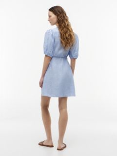 Striped Linen Mini Wrap Dress — Blue Khaki Stripe 4