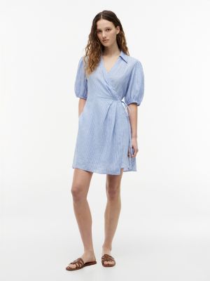 Striped Linen Mini Wrap Dress, Blue Khaki Stripe