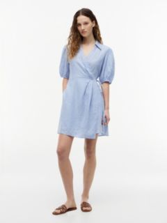 Striped Linen Mini Wrap Dress — Blue Khaki Stripe 1