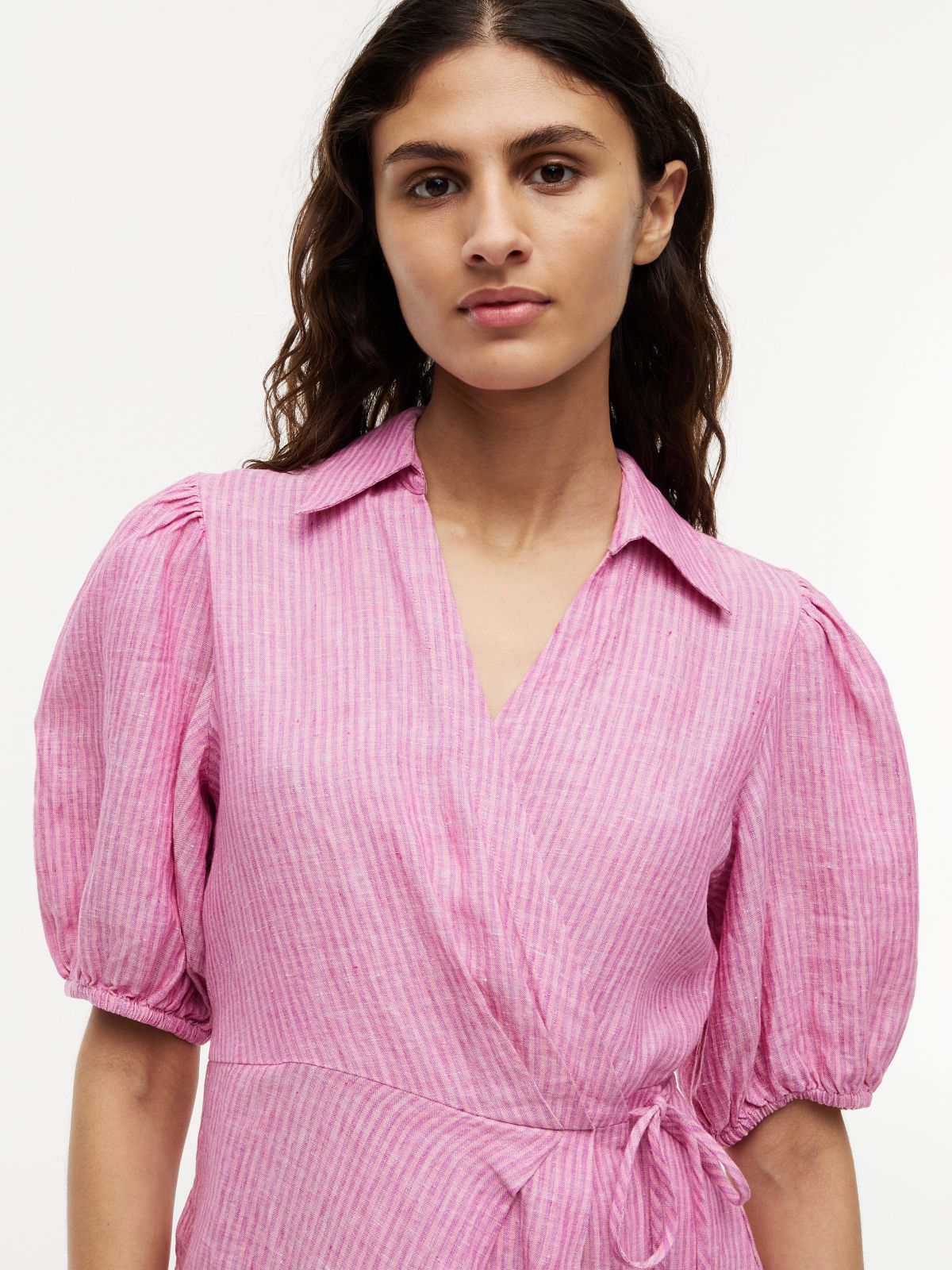 Striped Linen Mini Wrap Dress — Mini Classic Pink Stripe
