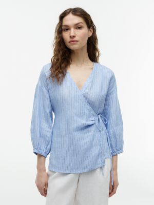 Relaxed Fit Linen Side-Tie Blouse, Blue Khaki Stripe