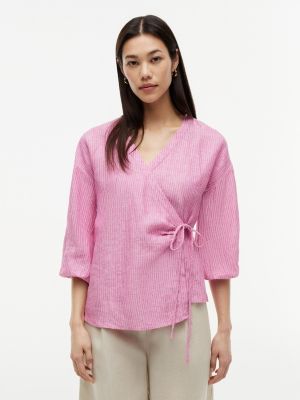 Relaxed Fit Linen Side-Tie Blouse, Mini Classic Pink Stripe