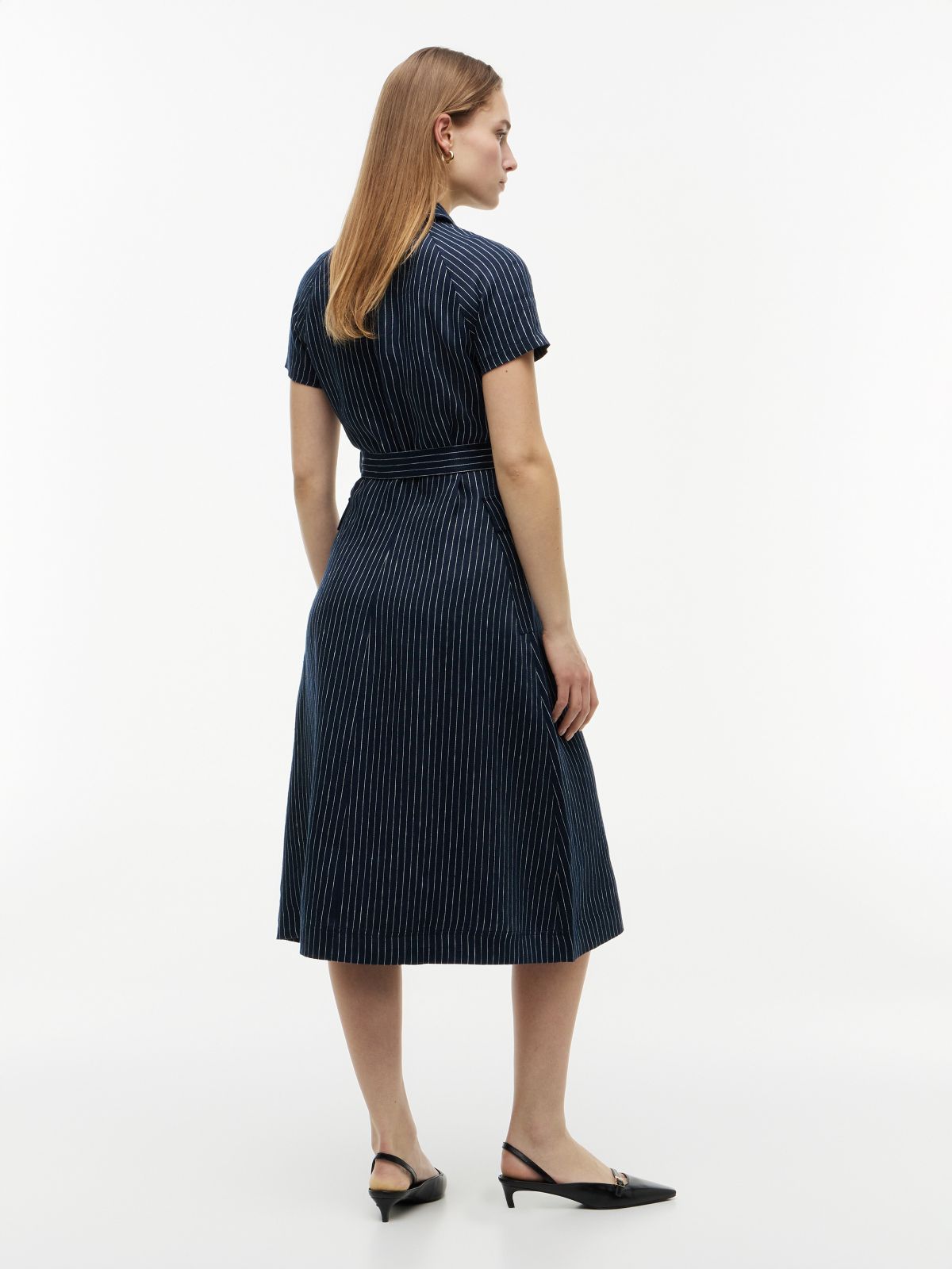 Striped Linen-Blend Dress — Pin Stripe Navy