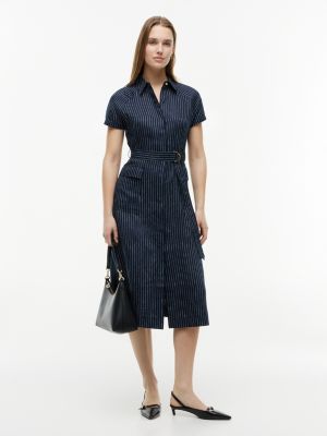 Striped Linen-Blend Dress, Pin Stripe Navy