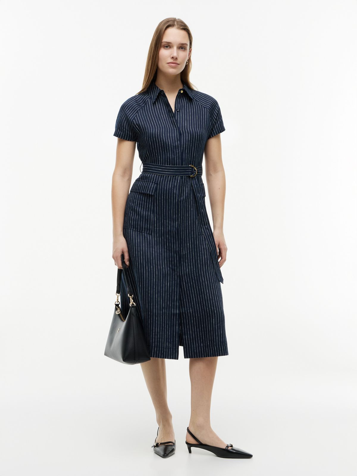 Striped Linen-Blend Dress — Pin Stripe Navy