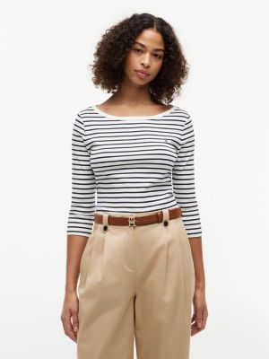 Slim Fit Boatneck T-Shirt, Navy Blue / Ecru Stripe