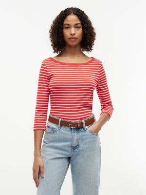 Slim Fit Boatneck T-Shirt, Fire Red / Ecru Stripe