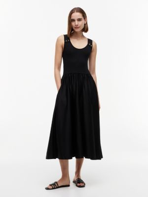 Gold-Button Mixed-Media Tank Dress, Black