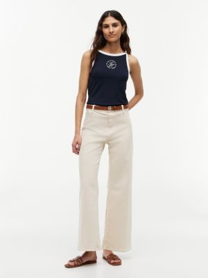 Stretch High-Rise Cropped Wide-Leg Jean, Light Beige