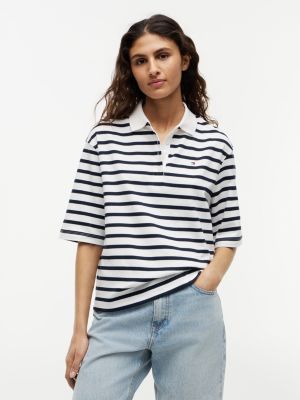 Relaxed Fit Cotton Interlock Polo, Navy Blue / Ecru Stripe