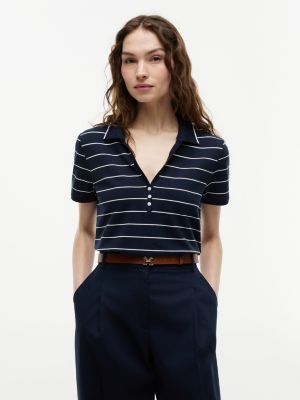 Lightweight Pique Henley Polo, Navy Blue / Ivory Stripe