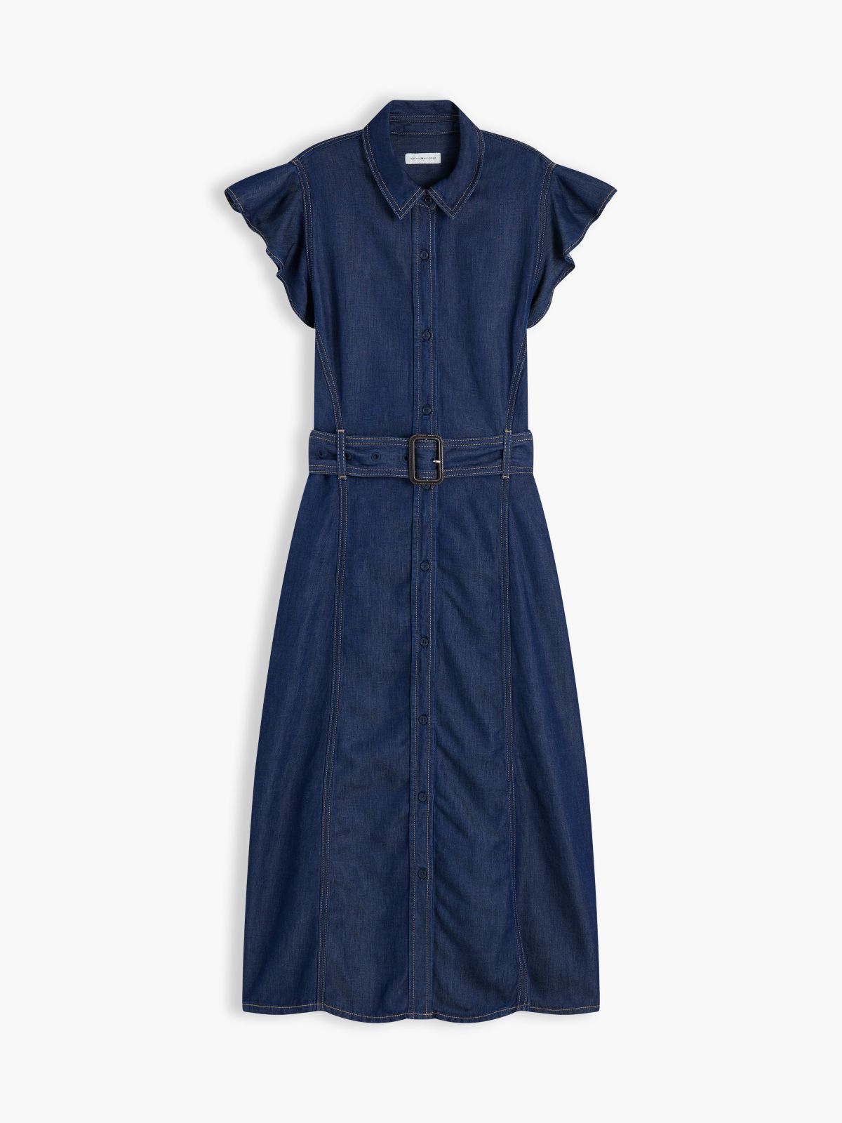 Flutter-Sleeve Belted Denim Shirtdress — Indigo Wash