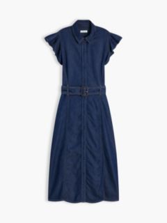Flutter-Sleeve Belted Denim Shirtdress — Indigo Wash 5