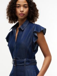 Flutter-Sleeve Belted Denim Shirtdress — Indigo Wash 2