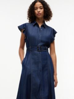 Flutter-Sleeve Belted Denim Shirtdress — Indigo Wash 3