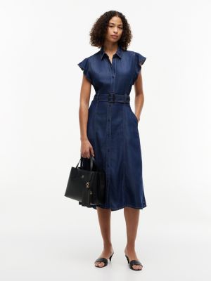 Flutter-Sleeve Belted Denim Shirtdress, Indigo Wash