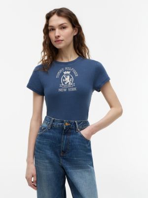 Slim Fit Garment-Dyed Crest Logo T-Shirt, Dark Night Navy